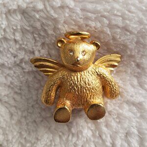 Vintage Angel Teddy Bear Pin with Halo Gemstone Eyes, Pinback, Gold